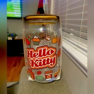 Hello Kitty Halloween/Fall Glass Tumbler With Bamboo Lid & Glass Straw 16 Oz cup